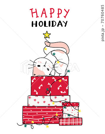 cute silly cat on stack of Christmas present box doodle cartoon clip art, Happy Holiday, greeting card. 70760485