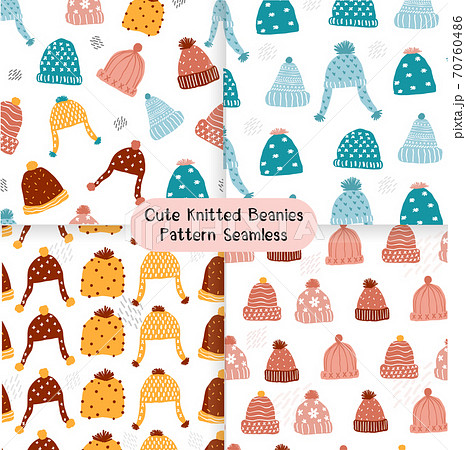 cute pastel knitted beanie hat winter christmas seamless background set 70760486