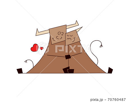 Happy new year 2021. The Year of the Ox. Funny cute kawaii bull and cow. Hugging couple in love. Romantic vector illustration in cartoon style isolated on white background. Template for your design. 70760487