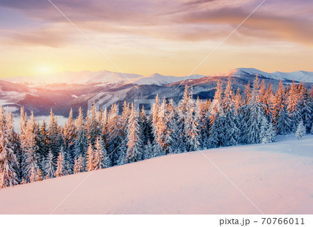 Mysterious winter landscape majestic mountains in winter. Magical winter snow covered tree. Photo greeting card. Bokeh light effect, soft filter. 70766011