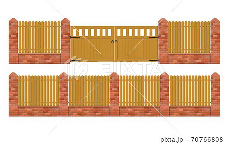 Brick fence with wooden gate vector illustration isolated on white background 70766808