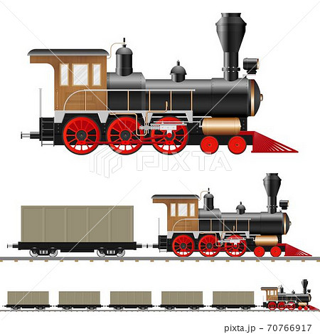 Vintage steam locomotive and wagon vector illustration isolated 70766917