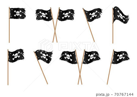 Set of ragged black pirates flags with bones and skull 70767144