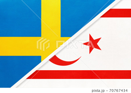 Sweden and Northern Cyprus or TRNC, symbol of national flags from textile. Sweden and Northern Cyprus or TRNC, symbol of national flags from textile. 70767434