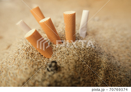 Isolated used cigarette butts discarded on sandy sea beach,ecosystem habitat pollution 70769374