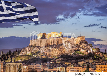 Acropolis with Parthenon temple against Greek flag in Athens, Greece 70769750