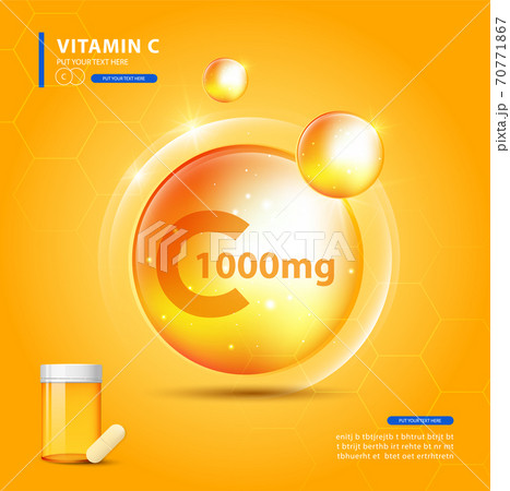 Vitamin C gold shining pill with Chemical formula, Ascorbic acid. vector design. 70771867