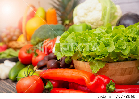 Group vegetables and Fruits Apples, grapes, oranges, pineapples, bananas in a wooden basket with carrots, tomatoes, guava, chili, eggplant, golden pod, green salad on wooden Group vegetables and Fruits Apples, grapes, oranges, pineapples, bananas in a wooden basket with carrots, tomatoes, guava, chili, eggplant, golden pod, green salad on wooden 70773969
