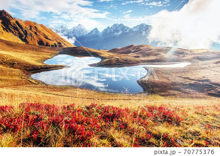 Sunset on mountain lake Koruldi. Upper Svaneti, Georgia, Caucasus mountains 70775376
