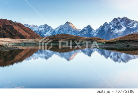 Sunset on mountain lake Koruldi. Upper Svaneti, Georgia, Europe. Caucasus mountains 70775386