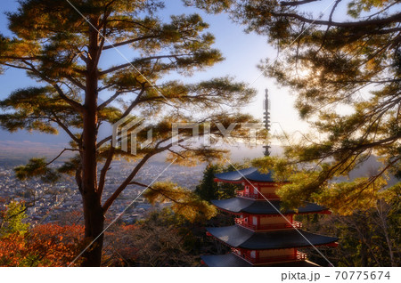 Beautiful view of Red pagoda Chureito in Fujinomiya Yamanashi 70775674