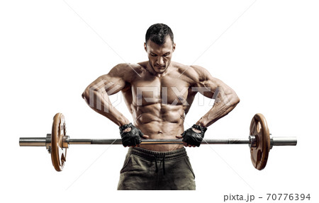 man bodybuilder, execute exercise with weight 70776394