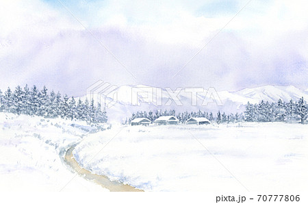 田舎の雪景色　水彩画 70777806