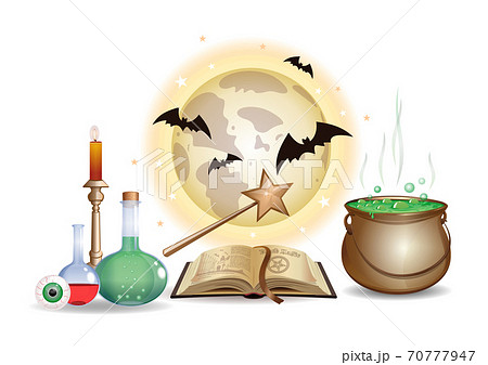 Magic objects set. Wizard laboratory with book Magic objects set. Wizard laboratory with book 70777947
