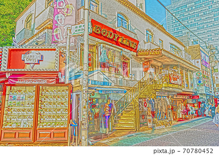 アニメ風 東京都の都市風景 原宿竹下通り周辺の風景のイラスト素材