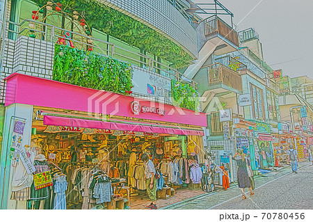 アニメ風 東京都の都市風景 原宿竹下通り周辺の風景のイラスト素材