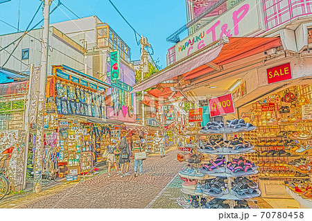 アニメ風 東京都の都市風景 原宿竹下通り周辺の風景のイラスト素材