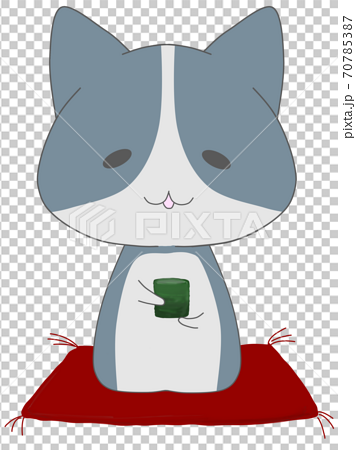座布団に座ってお茶を飲むハチワレ猫のキャラクターのイラスト素材