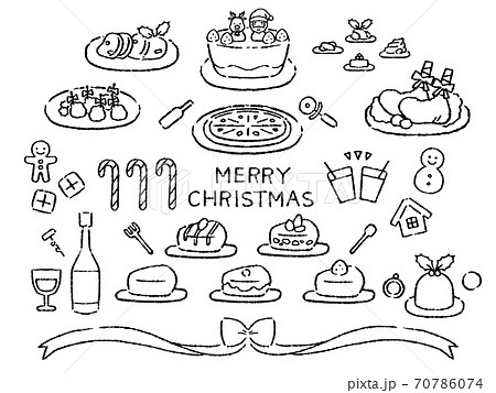 モノクロ クリスマス素材 料理のイラスト素材