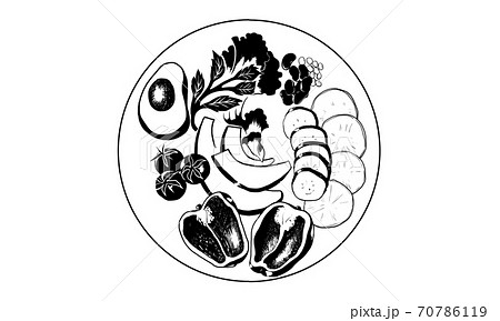 たくさんの野菜が盛りつけられたお皿のイラストのイラスト素材 [70786119] - Pixta