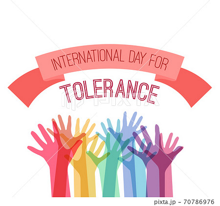 International Day of Tolerance. Rainbow hands up with a greeting ribbon on white background. Commonwealth and unity. Acceptance of all. International Day of Tolerance. Rainbow hands up with a greeting ribbon on white background. Commonwealth and unity. Acceptance of all. 70786976