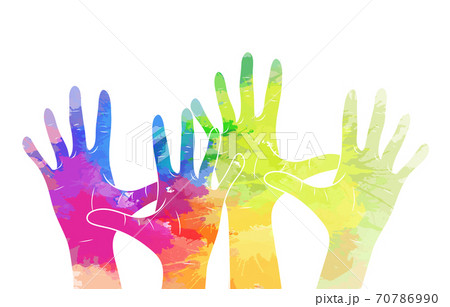 Human rights. Hands up with rainbow watercolor stains. Volunteers and the community. Union and friendship of different people. Vector illustration 70786990
