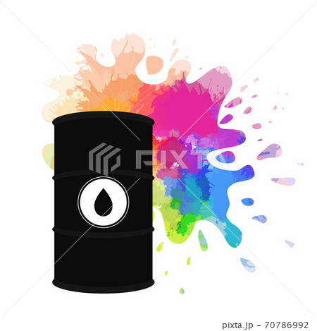 Spilled rainbow oil. Vector illustration of oil barrel, oil splash and drops around. Watercolor splashes. The object is separate from the background Spilled rainbow oil. Vector illustration of oil barrel, oil splash and drops around. Watercolor splashes. The object is separate from the background 70786992