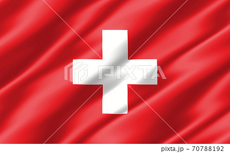 Silk wavy flag of Switzerland graphic. Wavy Swiss flag 3D illustration. Rippled Switzerland country flag is a symbol of freedom, patriotism and independence. 70788192