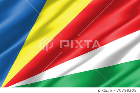 Silk wavy flag of Seychelles graphic. Wavy Seychellois flag 3D illustration. Rippled Seychelles country flag is a symbol of freedom, patriotism and independence. 70788205