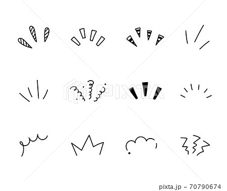 手書きの気づき線 注目マークのセット ポイント 集中 驚き 飾り 装飾 太陽線 驚き 理解のイラスト素材