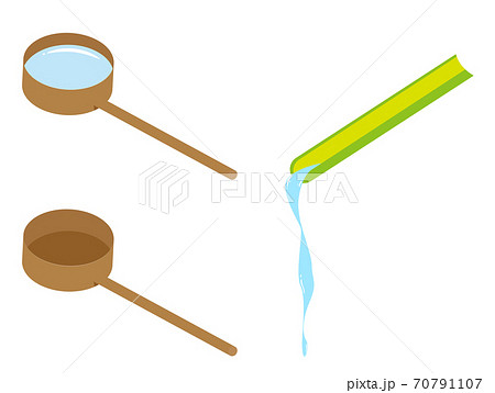 手水舎の柄杓とコロナ対策の水の流れる竹の素材セットのイラスト素材