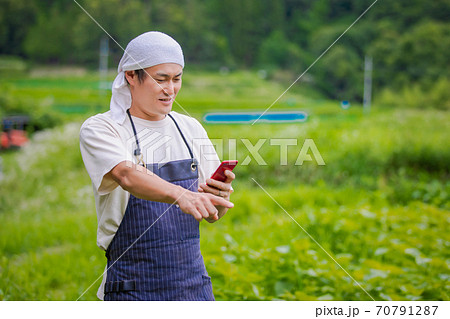 スマホで農業する男性 70791287
