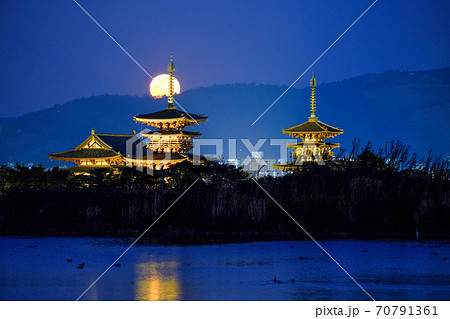 満月と薬師寺の夕景(奈良県奈良市) 満月と薬師寺の夕景(奈良県奈良市) 70791361