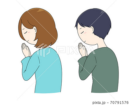 手を合わせて祈る男性と女性のセットのイラスト素材