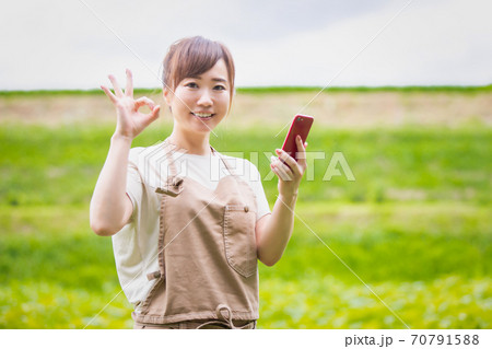 スマホで農業する女性 70791588