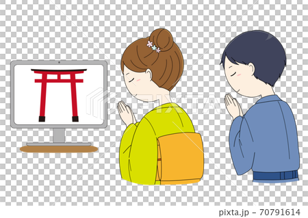 パソコンと手を合わせて祈る男性と女性のリモート参拝の素材セット 70791614