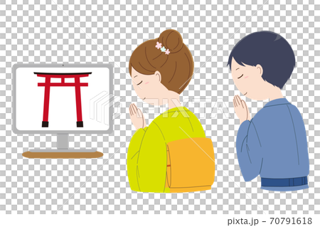 パソコンと手を合わせて祈る男性と女性のリモート参拝の素材セット 70791618
