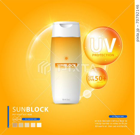 Sunblock ads template, sun protection cosmetic products design with moisturizer cream or liquid, sparkling background with glitter polka, vector design. Sunblock ads template, sun protection cosmetic products design with moisturizer cream or liquid, sparkling background with glitter polka, vector design. 70792146