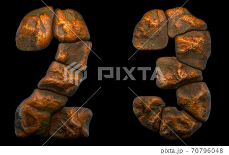 Set of rocky numbers 2, 3. Font of stone on black background. 3d Set of rocky numbers 2, 3. Font of stone on black background. 3d 70796048