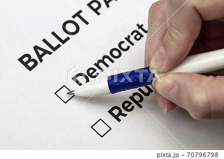Checklist concept. Voter prepares to vote for Democrat on the ballot. 70796798