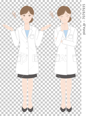 A woman in a white coat is worried, thinking, troubled 70797935