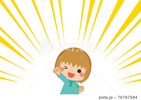 ガッツポーズでやる気満々の小さな女の子と集中線の漫画風背景のイラスト素材
