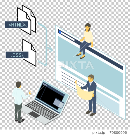 アイソメトリック Html Cssでのシンプルなwebページ制作チームのベクターイラストのイラスト素材