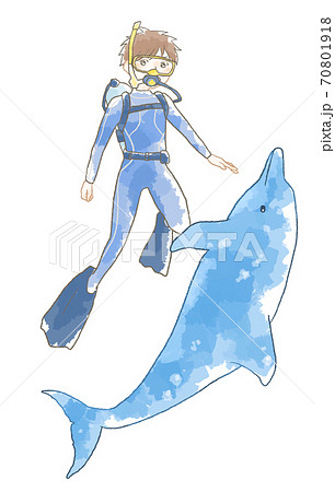優しいタッチのダイビングをする男性とイルカのイラスト 70801918