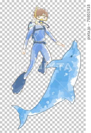 優しいタッチのダイビングをする男性とイルカのイラスト 70801918