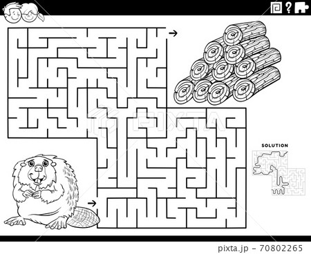 maze game with beaver and wood logs coloring book page 70802265