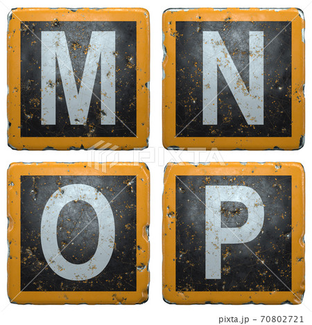 Public road sign orange and black color with a capital set of letters M, N, O, P in the center isolated on white background. 3d Public road sign orange and black color with a capital set of letters M, N, O, P in the center isolated on white background. 3d 70802721