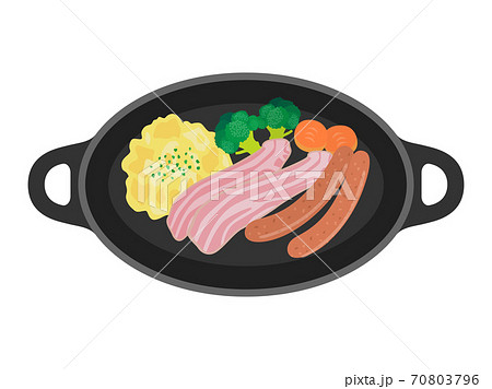 鉄板にのせた朝食のイラストのイラスト素材