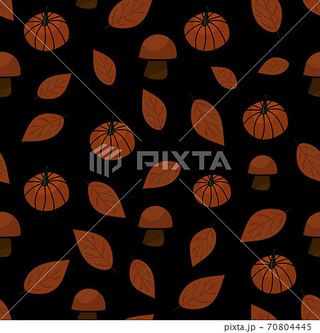 Orange pumpkins, leaves, mushrooms seamless pattern on black background 70804445
