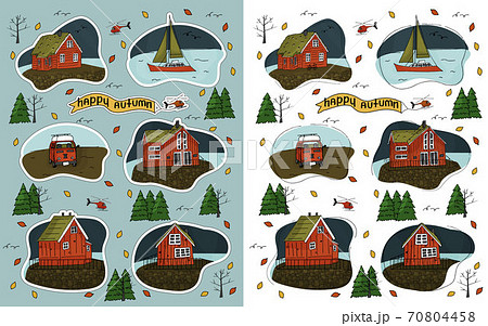 Wooden house, helicopter, Christmas trees, forest, inscription Happy Autumn, yacht, bus and bike stuff isolated on a blue background for stickers with white border 70804458